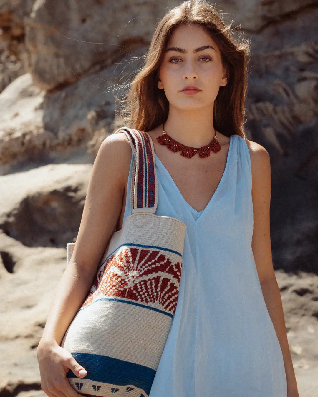 Celia Tote 36 Wayuu Bag - Terracota & Blue Jean - Cōper Shop
