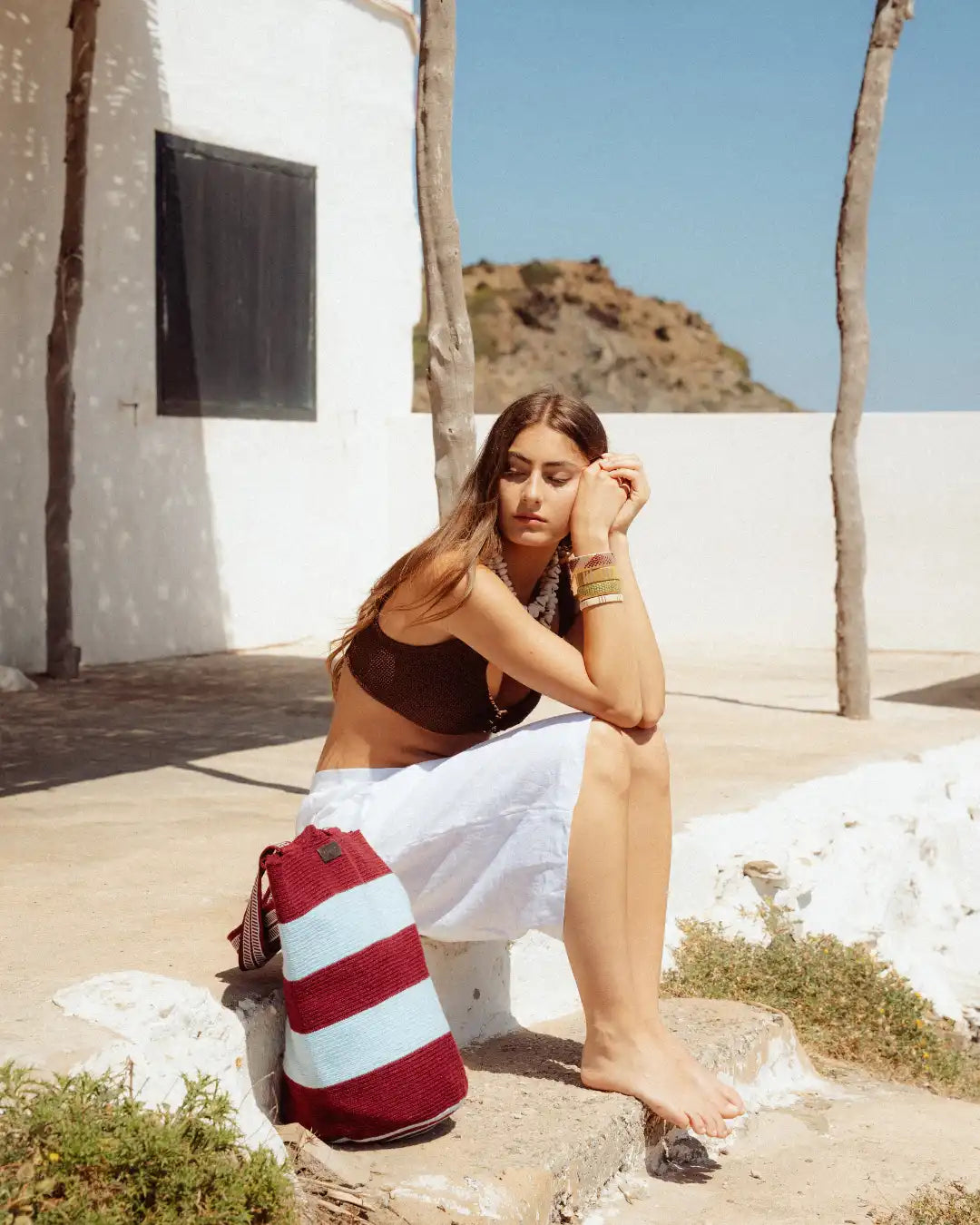 Celia Tote 35 Wayuu Bag – Burgundy & Light Blue - Cōper Shop